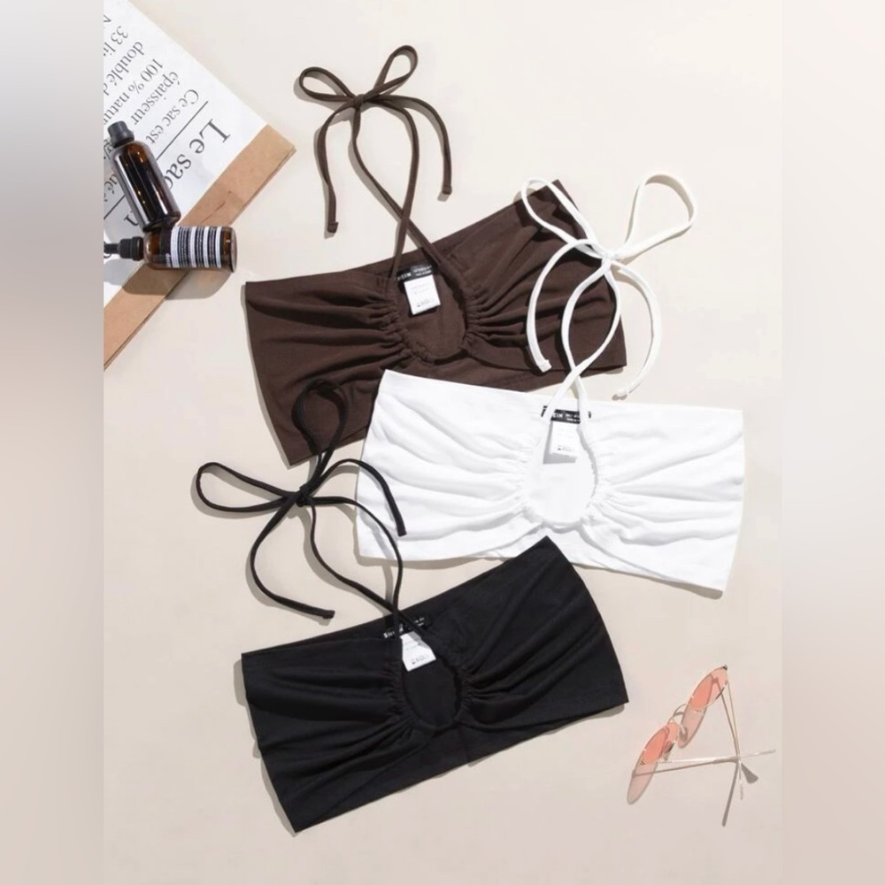 SHEIN Unity 3pcs Tie Back Crop Top— White, Black, and Brown